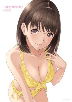 1girl anegasaki_nene artist_name bikini blush breasts brown_eyes brown_hair collarbone commentary_request cowboy_shot frilled_bikini frills front-tie_bikini_top front-tie_top happy_birthday large_breasts looking_at_viewer looking_up love_plus miato mole mole_under_eye official_style parted_lips short_hair side-tie_bikini_bottom signature simple_background smile swimsuit w white_background yellow_bikini