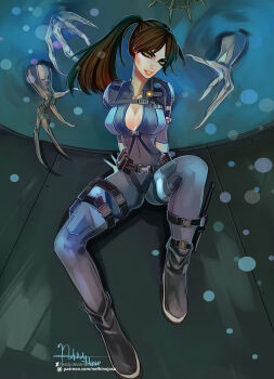 Rule 34 | 1girl, artist name, blue wetsuit, bodysuit, breasts, claws, cleavage, diving suit, jill valentine, looking at viewer, neftali hinojosa, patreon username, resident evil, resident evil: revelations, signature, sitting, wetsuit