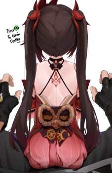 1boy 1girl absurdres back bell brown_hair caelus_(honkai:_star_rail) choker commentary english_commentary english_text fingerless_gloves from_behind gloves highres honkai:_star_rail honkai_(series) japanese_clothes long_hair obi pov ribbon sash skai_kun sparkle_(honkai:_star_rail) tattoo trailblazer_(honkai:_star_rail) twintails white_background