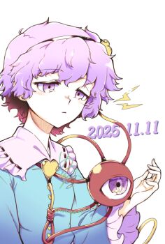 Rule 34 | 2girls, alpha transparency, black hairband, blue shirt, buttons, closed mouth, collared shirt, commentary, dated, eyeball, frilled shirt collar, frilled sleeves, frills, hair ornament, hairband, hashtag-only commentary, heart, heart button, heart hair ornament, komeiji satori, long sleeves, menotama, multiple girls, purple eyes, purple hair, ribbon-trimmed collar, ribbon trim, satori day, shirt, short hair, simple background, smile, third eye, thumbnail surprise, touhou, white background, wide sleeves