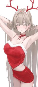 1girl antlers armpits arms_behind_back blonde_hair blush commentary fake_horns fur_trim hairband hands_in_own_hair highres horn_hairband horns laneigu long_hair looking_at_viewer miniskirt mole mole_under_eye original parted_lips pencil_skirt red_skirt red_tank_top reindeer_antlers santa_costume skirt solo tank_top very_long_hair yellow_eyes yuzu_(laneigu)