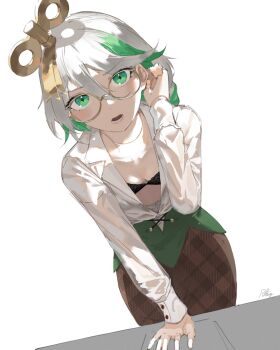 1girl bespectacled black_bra bra breasts brown_skirt cecilia_immergreen commentary diamond-shaped_pupils diamond_(shape) doll_joints dutch_angle english_commentary glasses green_eyes green_hair hair_ornament hand_on_table highres hololive hololive_english houndstooth joints looking_at_viewer multicolored_hair open_clothes partially_unbuttoned print_skirt radical_highway round_eyewear short_hair simple_background skirt small_breasts solo streaked_hair symbol-shaped_pupils tucking_hair underwear upper_body virtual_youtuber white_background white_hair winding_key yellow-framed_eyewear