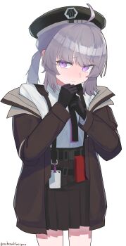 Rule 34 | 1girl, absurdres, ahoge, belt pouch, beret, black gloves, black hat, black necktie, black skirt, blush, brown jacket, chest strap, cheyanne (girls' frontline 2), closed mouth, collared shirt, commentary, cowboy shot, full-face blush, girls' frontline, girls' frontline 2: exilium, gloves, grey hair, hands up, hat, high-waist skirt, highres, id card, jacket, long sleeves, looking at viewer, m200 (girls' frontline), necktie, nobreakfastpro, off shoulder, open clothes, open jacket, pleated skirt, pouch, purple eyes, shirt, short hair, simple background, skirt, solo, standing, twitter username, white background, white shirt