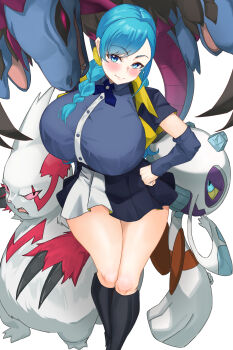 1girl ace_trainer_(female)_(pokemon_bw) ace_trainer_(pokemon) aged_up alternate_costume blue_eyes blue_hair breasts female_focus froslass gen_3_pokemon gen_4_pokemon gen_5_pokemon highres hizakake huge_breasts hydreigon nintendo pokemon pokemon_(creature) pokemon_bw solo_focus zangoose