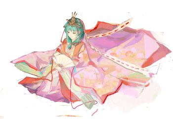 1girl closed_eyes commentary commentary_request eyeliner floral_print floral_print_kimono folding_fan from_above front_ponytail gold_headwear green_hair hair_ribbon hand_fan highres holding holding_fan japanese_clothes jiangyi_(pixiv_105836957) kagiyama_hina kimono kneeling long_hair long_ribbon long_sleeves makeup pink_kimono print_kimono red_eyeliner red_ribbon ribbon smile solo touhou unmoving_pattern white_background