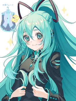 Rule 34 | 1girl, aqua eyes, aqua hair, aqua skirt, aqua trim, black skirt, braid, collared shirt, commentary request, detached sleeves, grey shirt, hair between eyes, hair ornament, hatsune miku, hatsune miku (if), headset, highres, holding, holding own hair, long hair, long sleeves, looking at viewer, miniskirt, open mouth, pleated skirt, ponytail, shiranomaru, shirt, simple background, skirt, smile, solo, sparkle, tie clip, very long hair, vocaloid, white background, wide sleeves
