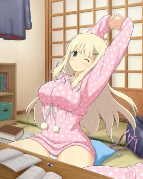 1girl aqua_eyes arms_up bag blonde_hair blue_pillow blunt_bangs blush book bookshelf breasts clothes_pull frown green_hair_ornament hair_ornament hairclip homework indoors kotatsu large_breasts long_hair looking_at_viewer official_art on_floor one_eye_closed pajamas panties pants pants_pull pink_pajamas polka_dot polka_dot_pajamas polka_dot_pants polka_dot_shirt pom_pom_(clothes) school_bag senran_kagura senran_kagura_new_wave senran_kagura_shoujo-tachi_no_shin&#039;ei shirt shouji sitting sitting_on_pillow sliding_doors smile solo stretching studying table tatami underwear unworn_clothes wariza white_panties yomi_(senran_kagura)