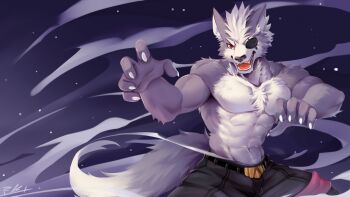 1boy abs animal_ears bara bare_pectorals biceps black_pants claws collarbone commentary english_commentary eyepatch fangs fighting_stance furry furry_male grey_fur looking_to_the_side male_focus muscular muscular_male navel nintendo nipples one_eye_covered open_mouth pants pectorals rabbity_art signature smile star_fox tail topless_male wolf_boy wolf_ears wolf_o&#039;donnell wolf_tail
