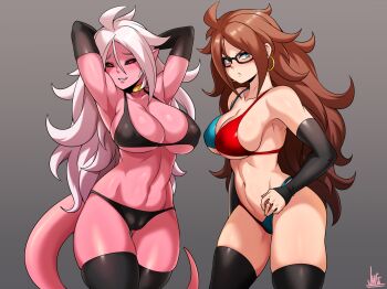2girls android_21 arms_behind_head artist_name bikini black_bikini black_legwear black_sclera blue_eyes blush breasts brown_hair cleavage cleft_of_venus colored_sclera colored_skin detached_sleeves dragon_ball dragon_ball_fighterz dual_persona earrings female_focus glasses highres hoop_earrings jewelry jmg large_breasts long_hair looking_at_viewer majin_android_21 multicolored_bikini multiple_girls navel pink_hair pink_skin red_eyes sideboob signature skindentation smile standing swimsuit tail thighhighs two-tone_bikini underboob very_long_hair