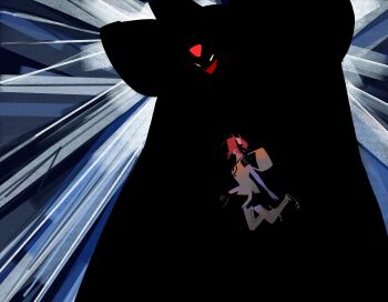 1girl absurdres aiba_ami alphamon black_skirt blue_background dawu233 digimon digimon_story:_cyber_sleuth forehead_jewel full_body goggles goggles_on_head highres miniskirt pleated_skirt red_hair shirt side_ponytail silhouette skirt yellow_eyes yellow_shirt