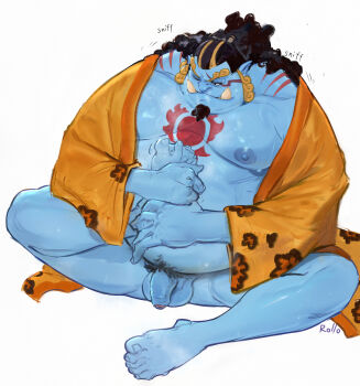 Rule 34 | 1boy, barefoot, black hair, blonde hair, blue skin, chest tattoo, colored eyepatch, colored skin, commission, curly eyebrows, eyepatch, facial hair, fat, fat man, fish boy, flaccid, foreskin, full body, goatee, highres, japanese clothes, jinbe (one piece), kimono, long hair, male focus, multicolored hair, nipples, nude, one eye closed, one piece, open clothes, open kimono, penis, rollo (kuyuen1), smelling, smelling feet, solo, streaked hair, sun symbol, sun tattoo, sweat, tan, tattoo, testicles, tusks, two-tone hair, webbed feet, webbed hands