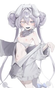 1girl absurdres apopo bow bowtie bra bra_pull clothes_pull commission cowboy_shot double_bun fangs grey_bra grey_eyes grey_hair hair_between_eyes hair_bun highres long_hair long_sleeves looking_at_viewer navel nipples off_shoulder open_mouth original simple_background skinny smile solo stomach underwear very_long_hair white_background white_bow white_bowtie