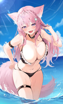 1girl :3 absurdres animal_ears antenna_hair arm_belt bare_shoulders belt belt_collar bikini black_belt black_bikini black_choker black_collar blue_sky blush braid braided_bun breasts choker cleavage cloud cloudy_sky collar collarbone crown_braid day fang fingernails groin hair_between_eyes hair_bun hair_ornament hakui_koyori halterneck heart heart_o-ring highres hololive large_breasts long_hair looking_at_viewer mogmog_megmog nail_polish navel o-ring o-ring_thigh_strap ocean open_mouth outdoors pink_eyes pink_hair pink_nails pink_tail skin_fang skindentation sky smile solo stomach strap_gap strap_pull string_bikini swimsuit tail thigh_strap thighs virtual_youtuber wolf_ears wolf_girl wolf_tail