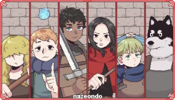 2girls armor artist_name black_hair blonde_hair blue_eyes blue_scarf border braid brick_wall brown_eyes capelet closed_mouth column_lineup dark-skinned_male dark_skin dia_(dungeon_meshi) dog dungeon_meshi dwarf fingerless_gloves furry furry_male gloves gnome green_eyes hair_over_shoulder halfling highres holding holding_staff holding_sword holding_weapon holm_kranom hydrokinesis kabru korean_commentary kuro_(dungeon_meshi) leather_armor long_hair looking_at_viewer mickbell_tomas multiple_girls nazeondo orange_hair parted_lips pixel_art plate_armor red_border red_capelet rin_(dungeon_meshi) scarf short_hair smile staff sword twin_braids twintails upper_body water weapon