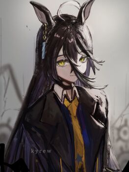 Rule 34 | 1girl, ahoge, animal ears, black choker, black coat, black gloves, black hair, choker, closed mouth, coat, collared shirt, ear tag, earrings, gloves, hair between eyes, hashtag-only commentary, highres, horse ears, horse girl, jewelry, kyreew 17, long bangs, long hair, long hair between eyes, long sleeves, looking at viewer, manhattan cafe (creeping shadow) (umamusume), manhattan cafe (umamusume), multicolored hair, necktie, shirt, single earring, solo, umamusume, upper body, very long hair, white hair, yellow eyes, yellow necktie