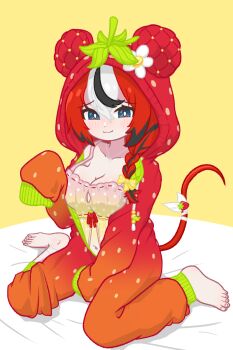 Rule 34 | 1girl, barefoot, black hair, blue eyes, blush, bow, braid, breasts, bright pupils, cleavage, closed mouth, commentary request, eyelashes, full body, hair between eyes, hair bow, hakos baelz, hakos baelz (strawberry onesie), highres, hololive, hololive english, hood, hood up, kneeling, korean commentary, mouse girl, mouse tail, multicolored hair, official alternate costume, onesie, red hair, single braid, sleeves past fingers, sleeves past wrists, smile, snowone 1, solo, tail, toenails, toes, white hair, white pupils, yellow bow