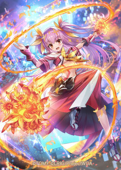 1girl cherry_blossoms copyright_notice fire hakama hanayo_(wixoss) hokuyuu holding holding_wand japanese_clothes long_hair looking_at_viewer night night_sky official_art open_mouth pink_hair red_eyes red_hakama sandals shrine sky smile solo star_(sky) starry_sky two_side_up very_long_hair wand white_sandals wixoss