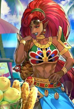 Rule 34 | 1girl, bare shoulders, blue lips, blue nails, cloud, commentary request, dark-skinned female, dark skin, earrings, gerudo, green eyes, grin, hand on own hip, jewelry, korean commentary, kwanmaengg, long hair, looking at food, nintendo, palm tree, pointy ears, red hair, ring, smile, solo, sun, the legend of zelda, the legend of zelda: breath of the wild, tree, urbosa
