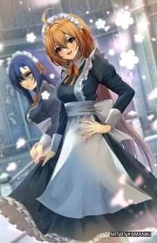 1boy 1girl apron brown_hair crossdressing crossdressing_(mtf) disguise eiyuu_densetsu estelle_bright falcom highres joshua_bright kamaniki long_hair maid maid_apron maid_headdress male_maid simple_background sora_no_kiseki white_apron