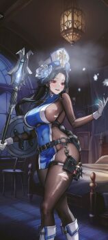 Rule 34 | 1girl, absurdres, arm shield, bed, belt, black belt, black hair, blue tabard, bodystocking, boots, braid, braided ponytail, breasts, chair, covered navel, covered sideboob, cross, cross earrings, cryokinesis, djhamd, earrings, feet out of frame, flower, gloves, goddess of victory: nikke, hair flower, hair ornament, hat, highres, holding, holding mace, holding weapon, ice flower, indoors, jewelry, large breasts, long hair, mace, maiden (ice rose) (nikke), maiden (nikke), o-ring, o-ring belt, official alternate costume, pouch, skindentation, snowflakes, solo, tabard, thigh pouch, thigh strap, torn bodystocking, torn clothes, very long hair, weapon, white boots, white gloves, white hat, white trim, window, wooden floor