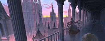 Rule 34 | 1other, 2girls, baluster, black hair, building, castle, cloud, cloudy sky, colonnade, column, commentary, dragon, dress, english commentary, evening, fantasy, film grain, floating hair, hallway, highres, layered dress, long hair, long sleeves, multiple girls, original, out of frame, pillar, red dress, scenery, sisou, sky, spire, standing, tower, vanishing point, very long hair, wide shot