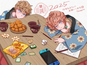 2024 2girls artist_name blue_eyes blush bowl brown_hair card chopsticks closed_mouth commentary_request fate/grand_order fate_(series) food fruit highres kotoyoro looking_at_viewer mandarin_orange multiple_girls new_year nintendo_switch notebook orange_hair pencil playing_card shimogamo_(shimomo_12) short_hair simple_background smile translation_request van_gogh_(fate) watermark white_background