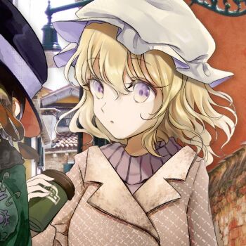 2girls :o alternate_costume black_hat blonde_hair brown_hair coat commentary cup hat head_out_of_frame holding holding_cup long_sleeves looking_at_viewer maribel_hearn medium_hair mob_cap multicolored_eyes multiple_girls poteimo_(poteimo622) purple_eyes purple_shirt shirt solo_focus touhou two-tone_eyes usami_renko white_hat yellow_eyes