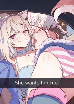 2girls :3 absurdres age_difference animal_ear_fluff animal_ears artist_name ass bite_mark bite_mark_on_ass blonde_hair blue_camisole blue_choker blue_hair blue_jacket blush braid breasts camisole car_interior choker commentary dog_ears dog_girl dog_tail drive-thru english_commentary english_text eranahh fangs frilled_camisole frilled_straps frills fur-trimmed_skirt fur_trim furrowed_brow fuwawa_abyssgard fuwawa_abyssgard_(casual) glasses hair_ornament hairclip he_wants_to_order_(meme) highres hololive hololive_english incest jacket jojifuku large_breasts long_hair looking_at_viewer low_twin_braids meme miniskirt mococo_abyssgard mococo_abyssgard_(casual) multicolored_hair multiple_girls official_alternate_costume onee-loli panties pantyshot parallel_hairclips pink_eyes pink_hair pink_panties saliva saliva_trail selfie semi-rimless_eyewear siblings side-view_mirror sisters skirt snapchat streaked_hair striped_clothes striped_panties tail twin_braids twincest twins under-rim_eyewear underwear vehicle_interior virtual_youtuber white-framed_eyewear white_camisole white_panties x_hair_ornament y2k_fashion yuri