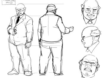 1boy angry asaoka_genzo balding big_nose collared_shirt fat fat_man from_behind glasses jacket kedamono-tachi_no_sumu_ie_de lapels looking_at_viewer monochrome multiple_expressions multiple_views necktie pants reference_sheet shirt shoes sketch smile standing suit_jacket takeda_hiromitsu thick_lips turnaround white_background