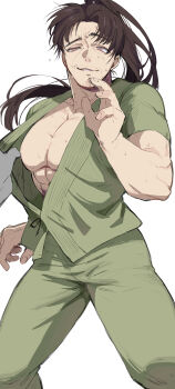 1boy abs absurdres adam&#039;s_apple bara brown_hair clothes_pull commentary_request facial_hair feet_out_of_frame green_pants green_shirt hatsumi_sen highres kengan_(series) kengan_ashura long_hair male_focus muscular muscular_male mustache_stubble nekoma_hikaru pants pectorals ponytail shirt shirt_pull short_sleeves simple_background solo solo_focus sparse_stubble standing stubble white_background