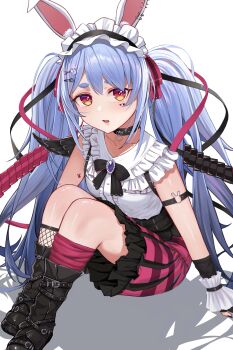 1girl absurdres ahaha_kun animal_ear_piercing animal_ears black_arm_warmers black_wings blue_hair boots bow brooch buttons collar frilled_shirt frilled_skirt frills highres hololive jewelry long_hair official_alternate_costume official_alternate_hairstyle orange_eyes rabbit-shaped_pupils rabbit_ears rabbit_girl rabbit_o-ring shirt short_eyebrows simple_background single_leg_warmer single_wing skirt smile solo spiked_collar spikes symbol-shaped_pupils thick_eyebrows twintails usada_pekora usada_pekora_(11th_costume) very_long_hair virtual_youtuber white_background white_shirt wings