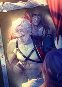 Rule 34 | 2boys, abs, asahi (baiyameng), astarion, baldur's gate, baldur's gate 3, chest harness, dungeons & dragons, dungeons &amp; dragons, halsin, harness, highres, long hair, multiple boys, muscular, muscular male, nipples, reflection, short hair, smile, topless male, white hair, yaoi