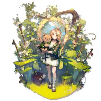 1girl arknights badge bag black_choker black_jacket blonde_hair brown_eyes brown_shoes button_badge choker ciloranko closed_mouth dress flower full_body grass hair_ornament highres holding holding_stuffed_toy jacket kneehighs long_hair looking_at_viewer looking_up official_alternate_costume official_art open_clothes open_jacket pinecone_(arknights) pinecone_(season_of_travel)_(arknights) shoes shorts_under_dress smile socks solo standing stuffed_animal stuffed_toy teddy_bear transparent_background white_dress white_flower white_socks yellow_eyes