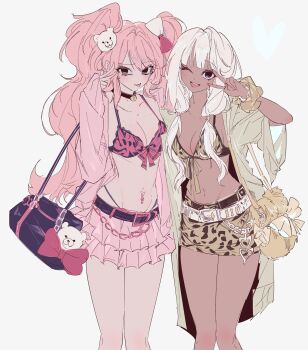 2girls :d :p absurdres animal_charm animal_print bad_tag bag bag_bow bag_charm bear_hair_ornament bell belt black_belt black_collar blue_bag bow bow_bra bra breasts brown_bag brown_bra brown_coat brown_scrunchie brown_skirt character_request charm_(object) check_character closed_mouth coat collar commentary danganronpa:_trigger_happy_havoc danganronpa_(series) danganronpa_v3:_killing_harmony dark-skinned_female dark_skin enoshima_junko feet_out_of_frame fluffy_hair gyaru hair_bow hair_ornament hand_up highres jacket large_breasts layered_skirt leopard_print llie_137 long_hair looking_at_viewer low-tied_long_hair miniskirt multiple_girls navel navel_piercing neck_bell one_eye_closed open_clothes open_coat open_mouth panty_straps piercing pink_bow pink_bra pink_hair pink_jacket pink_skirt print_bra print_skirt scrunchie shoulder_bag simple_background sketch skirt smile standing tongue tongue_out two-tone_bow underwear v very_long_hair white_background white_belt white_hair wrist_scrunchie yellow_bow yonaga_angie