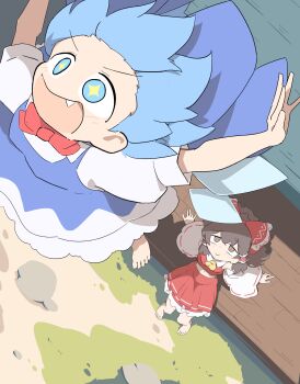 +_+ 2girls absurdres ascot barefoot blue_bow blue_dress blue_eyes blue_hair bow bowtie brown_eyes brown_hair cirno closed_mouth commentary_request detached_sleeves detached_wings dress fang flying frilled_bow frilled_hair_tubes frilled_skirt frills hair_bow hair_tubes hakurei_reimu highres ice ice_wings long_hair looking_at_another multiple_girls open_mouth outstretched_arms pinafore_dress primsla puffy_short_sleeves puffy_sleeves red_bow red_bowtie red_skirt ribbon-trimmed_sleeves ribbon_trim shirt short_sleeves sitting skirt skirt_set sleeveless sleeveless_dress smile spread_arms toes touhou white_shirt wings yellow_ascot