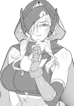 1girl arm_warmers blush breasts broken_mask buckle chest_strap cleavage cloak closed_mouth commentary condom condom_wrapper elbow_gloves furrowed_brow gloves goddess_of_victory:_nikke grave_(nikke) greyscale hair_intakes hair_over_one_eye highres holding holding_condom hood hood_up hooded_cloak large_breasts looking_at_viewer mask metal_gloves monochrome scar scar_on_stomach shishamo_712 short_hair_with_long_locks sidelocks simple_background single_arm_warmer snap-fit_buckle solo sports_bra sweatdrop symbol-only_commentary underbust upper_body white_background
