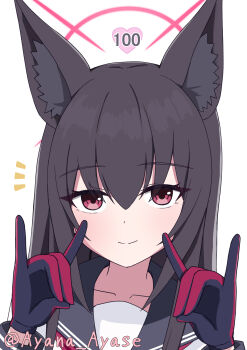 1girl animal_ear_fluff animal_ears ayana_ayase black_gloves black_sailor_collar blue_archive blush brown_hair closed_mouth commentary_request double_fox_shadow_puppet eyelashes eyes_visible_through_hair fox_ears fox_girl fox_shadow_puppet gloves hair_between_eyes halo hands_up heart highres long_hair looking_at_viewer notice_lines pink_halo portrait red_eyes sailor_collar school_uniform serafuku simple_background smile solo split_mouth straight_hair tsurime twitter_username white_background yukino_(blue_archive)