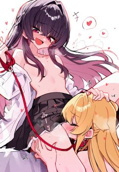 2girls absurdres ashigaya_high_school_uniform bdsm black_hair black_skirt blush braid breasts closed_eyes collar commentary convenient_censoring cunnilingus femdom hair_between_eyes hair_intakes half_up_braid hand_on_another&#039;s_head heart highres holding holding_leash kemonomimi_mode koto_satsuki leash multiple_girls nape_braid open_clothes open_mouth open_shirt oral ouzuka_mai pink_eyes red_collar school_uniform shirt skirt slave small_breasts symbol-only_commentary watashi_ga_koibito_ni_nareru_wake_naijan_murimuri! white_shirt yuri zhanzhangzlw