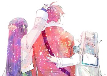 2girls black_roots blue_scarf boo_br coat commentary_request elf facing_away fern frieren from_behind grey_coat grey_hair hair_ornament hairclip half_updo headpat highres long_hair multiple_girls patting_back pointy_ears purple_hair red_coat red_hair sailor_collar scarf shirt short_hair snowing sousou_no_frieren stark_(sousou_no_frieren) twintails upper_body white_background white_sailor_collar white_shirt winter_clothes