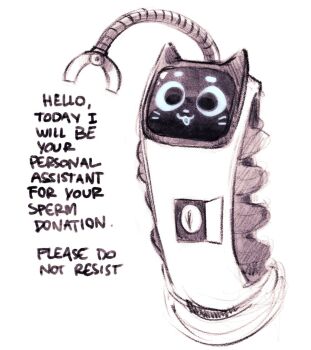 :3 artificial_vagina black_eyes blue_sclera carrefour colored_sclera english_text full_body greyscale happy hoesmadder kerfus monochrome no_humans open_mouth robot sex_toy simple_background sketch smile solo spot_color talking what whiskers white_background