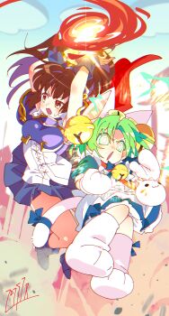 2girls absurdres animal_bag animal_hat apron arle_nadja arm_up armor bell blue_bow blue_dress blue_skirt bow breastplate brown_hair cape cat_bag cat_hat cat_tail crossover dejiko di_gi_charat dress eye_beam fire full_body green_hair grey_hair hat highres jingle_bell multiple_girls neck_bell open_mouth ponytail puyopuyo puyopuyo_n pyrokinesis red_cape short_hair skirt tail tail_bow tail_ornament white_apron yabamitsu