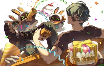 &gt;_&lt; 1girl 2boys 3others aketohgo bangboo_(zenless_zone_zero) belle_(zenless_zone_zero) birthday birthday_cake black_boots black_shirt boots cake confetti couch eous_(zenless_zone_zero) fingerless_gloves food from_behind gift gloves green_eyes green_hair green_pants grin hair_between_eyes hair_over_one_eye happy_birthday highres holding holding_gift jewelry lighter_(zenless_zone_zero) looking_back looking_over_eyewear multiple_boys multiple_others necklace on_couch pants party_popper pov pov_hands red_pupils scar scar_on_arm shirt short_hair sitting smile sunglasses twitter_username white_background wise_(zenless_zone_zero) zenless_zone_zero