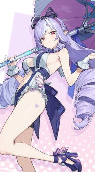 1girl black_nails breasts clothing_cutout commentary_request drill_hair drill_sidelocks holding holding_umbrella kouda_hayato_(e-gis) leg_up long_hair looking_at_viewer medium_breasts multicolored_hair official_alternate_costume one-piece_swimsuit pointy_ears purple_hair red_eyes sidelocks smile solo stomach_cutout streaked_hair swimsuit thighs twin_drills umbrella vivian_banshee vivian_banshee_(iris_of_the_shore) white_hair white_one-piece_swimsuit zenless_zone_zero
