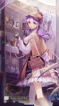 1girl arm_at_side bag black_gloves book bottle box breasts brown_capelet brown_hat brown_necktie brown_skirt brown_socks capelet chestnut_mouth curtained_hair detective feet_out_of_frame flask frilled_skirt frills from_side gloves green_eyes half_gloves hand_up hat highres kneehighs lens_flare light_particles long_hair long_sleeves looking_at_viewer looking_to_the_side low_twintails medium_breasts medium_skirt megaphone mortar_(bowl) multicolored_skirt necktie newsboy_cap open_mouth original parted_bangs pestle plaid_clothes plaid_hat plaid_skirt plant potted_plant purple_hair round-bottom_flask shelf shirt shoulder_bag skirt socks solo standing stuffed_animal stuffed_toy sunlight teddy_bear treasure_chest twintails uno_(game) white_shirt zukiyn