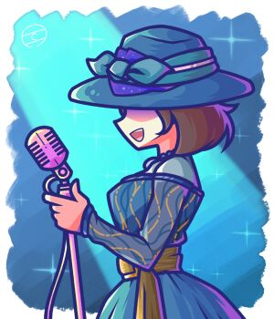 Rule 34 | 1girl, absurdres, artist logo, blue background, brown hair, clochan (dongin1228), dress, from side, green dress, green hat, hat, highres, holding, holding microphone, kirby (series), kirby and the forgotten land, logo, long sleeves, microphone, neichel (kirby), nintendo, open mouth, shaded face, short hair, solo, sparkle, star-crossed world