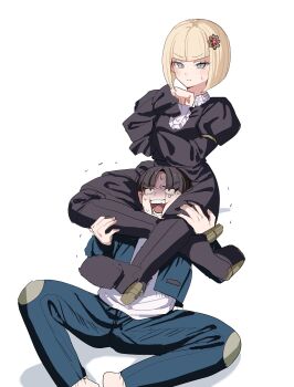 Rule 34 | 1boy, 1girl, absurdres, black hair, blonde hair, blue eyes, choke hold, commentary request, highres, jacket, maruko gaku, oosuzuki kurara, open mouth, pakimoti, pants, red eyes, serious, shirt, short hair, simple background, strangling, sweat, the hundred line -last defense academy-, white shirt