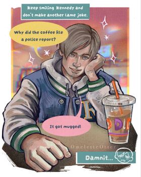 Rule 34 | 1boy, blue eyes, blue vest, cup, dunkin' donuts, elbow rest, hand on own chin, head rest, highres, hood, hood down, hoodie, indoors, leon s. kennedy, looking at viewer, male focus, omeletteotter, pun, resident evil, resident evil 2, smirk, solo, upper body, vest, white hoodie