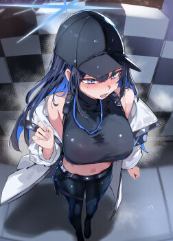 1girl bare_shoulders baseball_cap black_hair black_hat blue_archive blue_eyes blue_hair blush breasts colored_inner_hair commentary_request halo hat highres large_breasts long_hair long_sleeves multicolored_hair muoto navel open_mouth saori_(blue_archive) solo