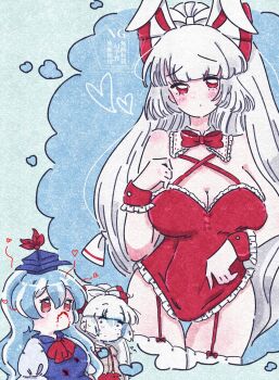 2girls animal_ears aroused_nosebleed ascot blood blue_hair blue_hat bow breasts cleavage commentary criss-cross_halter fake_animal_ears frilled_wrist_cuffs frills fujiwara_no_mokou hair_bow hakunemui halterneck hat heart highres kamishirasawa_keine leotard long_hair looking_at_another looking_at_viewer multiple_girls nontraditional_playboy_bunny nosebleed puffy_short_sleeves puffy_sleeves rabbit_ears red_ascot red_eyes red_leotard red_wrist_cuffs short_sleeves speech_bubble thigh_strap thighhighs thought_bubble touhou white_hair white_thighhighs wrist_cuffs