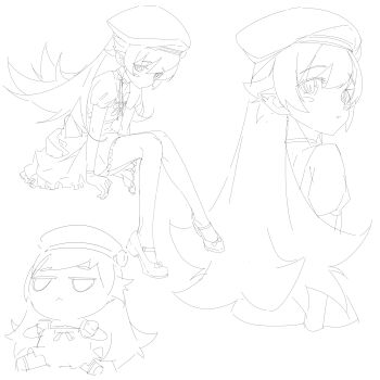 1girl :< absurdres arm_at_side arm_support arms_at_sides beret blush_stickers bow bracelet closed_mouth collarbone commentary_request cropped_torso dress dress_bow expressionless eyes_visible_through_hair fang fang_out flipped_hair footwear_bow frilled_dress frills from_behind from_side full_body fumo_(doll) hair_between_eyes hair_flaps hat hat_ornament highres invisible_chair jewelry jitome leaning_forward legs_apart lineart long_hair looking_at_viewer mary_janes monogatari_(series) multiple_views neck_ribbon no_pupils oshino_shinobu outstretched_arms pointy_ears puffy_short_sleeves puffy_sleeves ribbon ringed_eyes shishirui_san shoes short_sleeves sidelocks simple_background sitting slit_pupils spread_arms upper_body very_long_hair white_background